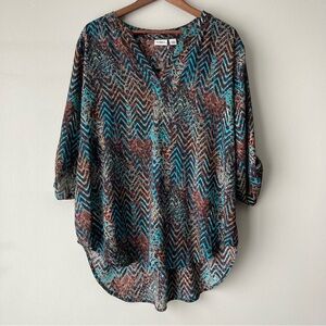 Cato High Low Hem Vibrant Chevron Blouse Top Button Sleeve Sz 18/20W